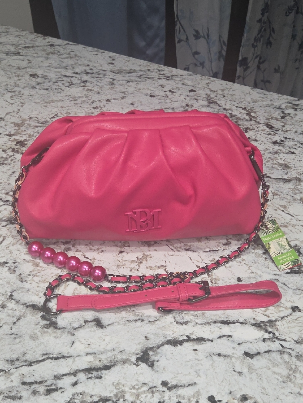 Badgley Mischka Fuchsia Gathered Crossbody with Chain and Bead Strap